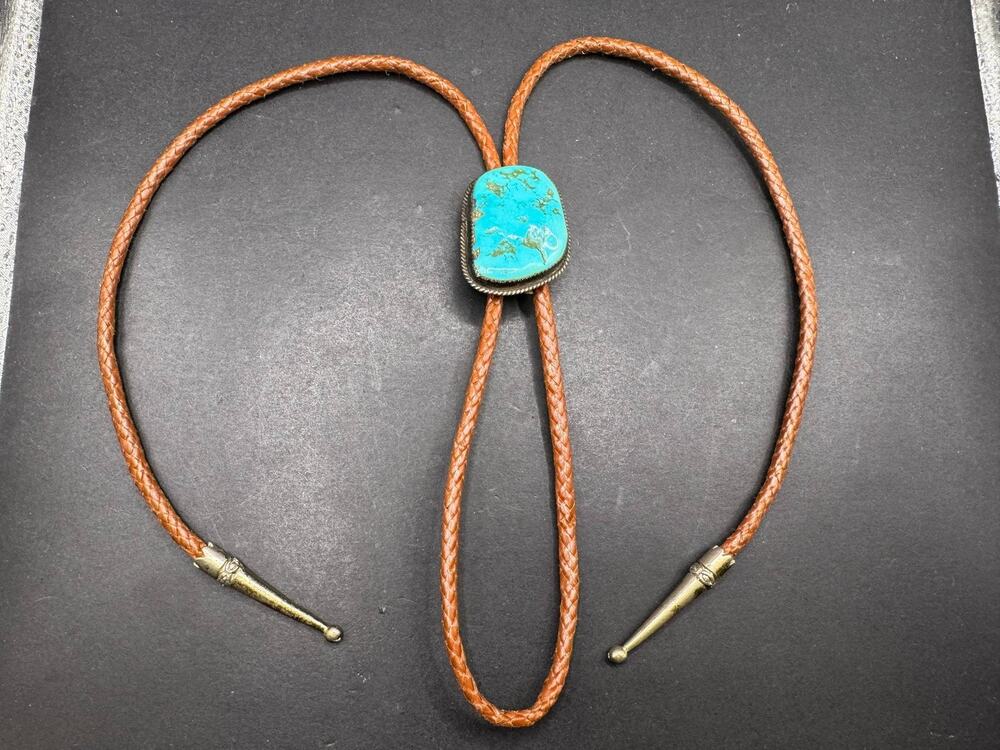 Vintage Southwestern Signed Bolo Tie Braided Brown Leather Cord Turquoise Stone